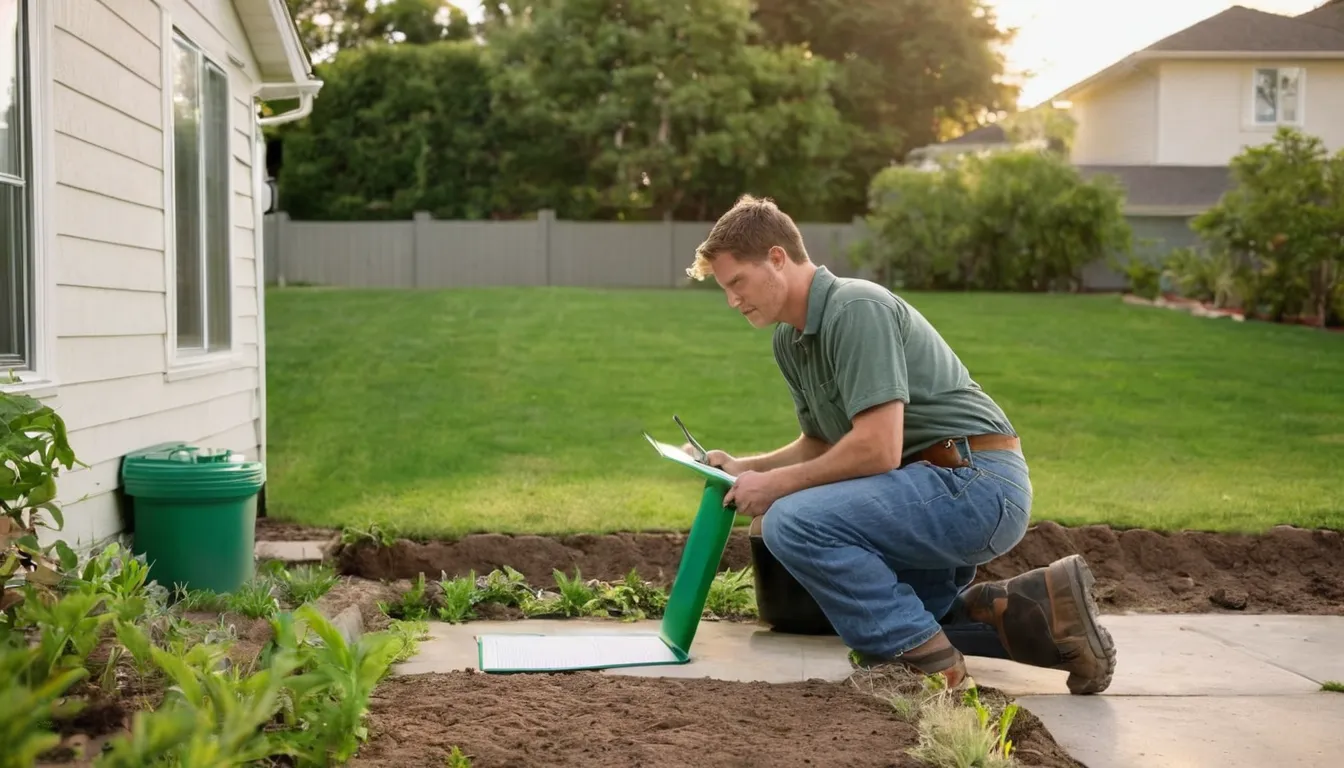 Homeowner checking a septic tank lid in a backyard near Alton
